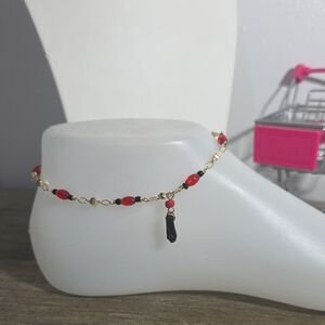 14k Gold Plated Chain Anklet with Red & Black Beads